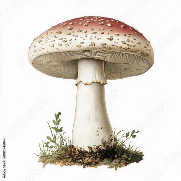 Fototapeta A mushroom in the style of botanical painting, on a plain white background