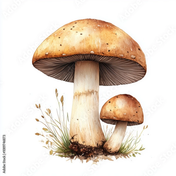 Fototapeta A mushroom in the style of botanical painting, on a plain white background