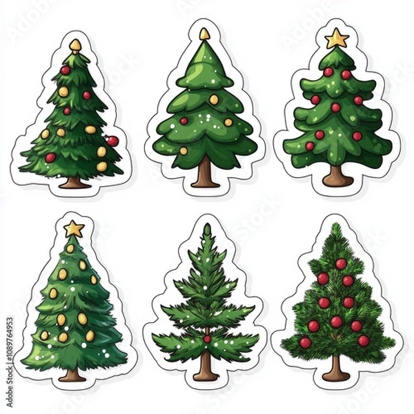 Fototapeta Colorful cartoon Christmas trees decorated with ornaments in various styles and shapes.