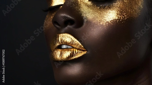 Fototapeta A close-up of a model's face with golden makeup, highlighting artistic beauty and creativity.