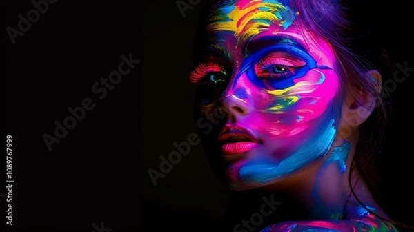 Fototapeta A vibrant portrait of a woman with colorful face paint, showcasing artistic expression and creativity.