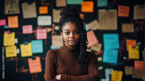 Fototapeta Motivated young Black student in a vibrant classroom setting featuring imaginative notes, sketches, and history-themed artwork, reflecting curiosity and educational growth