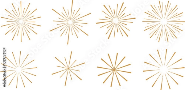 Fototapeta Starburst set, gold vector line art radial starburst shape set, burst clip art illustration, abstract fireworks, isolated