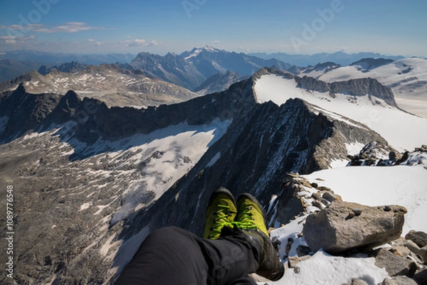 Fototapeta Mountain landscape from the summit of Adamello and view on the glacier in Italian alps, Adamello Park, Lombardy, Italy