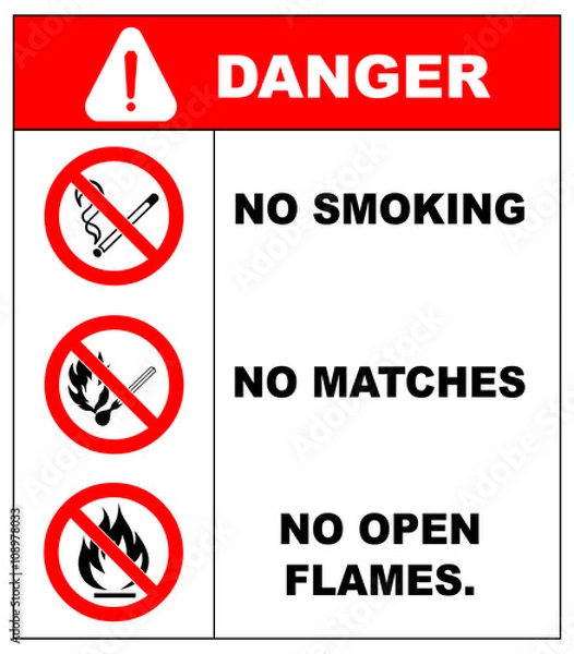 Obraz No smoking, No open flame, Fire, open ignition source and smoking prohibited signs.