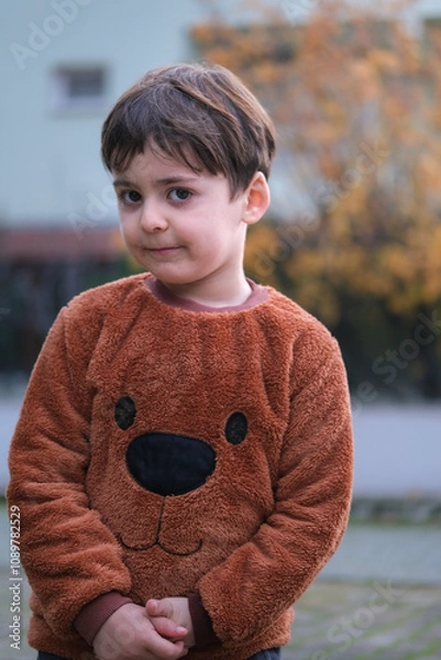 Obraz Portrait of a shy little boy on a sunny autumn day.