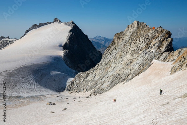 Fototapeta Mountain landscape during climb the summit of Adamello and view on the Italian alps, Adamello Park, Lombardy, Italy