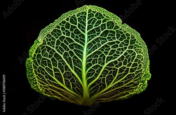 Fototapeta Close-up of a vibrant green cabbage leaf against a black background, highlighting the intricate veins and textures, symbolizing freshness and health in the style of food photography