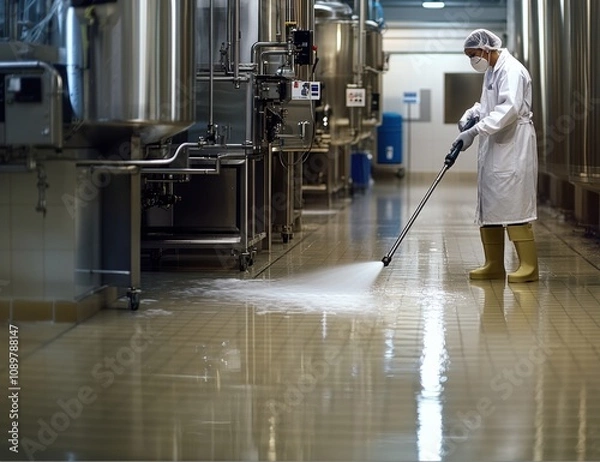 Fototapeta A female worker in a lab coat cleans the floor of a commercial kitchen.