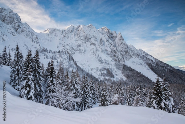 Fototapeta Mountain landscape in snowy winter scenery with soft snow covered trees and peaks by, Orobie alps, Lombardy, Italy