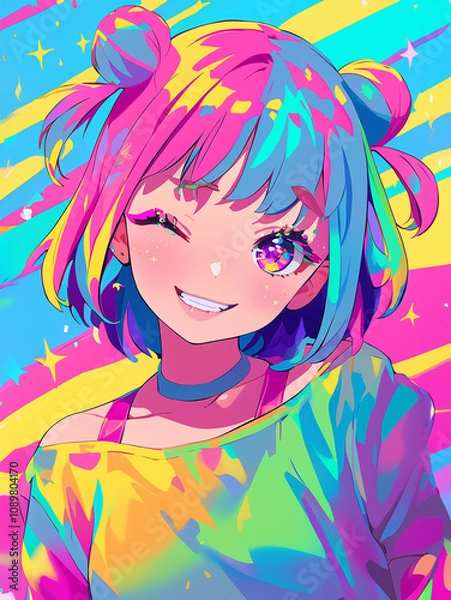 Obraz A girl anime-style character with  multi-colored hair in neon colors. The pop-art style background