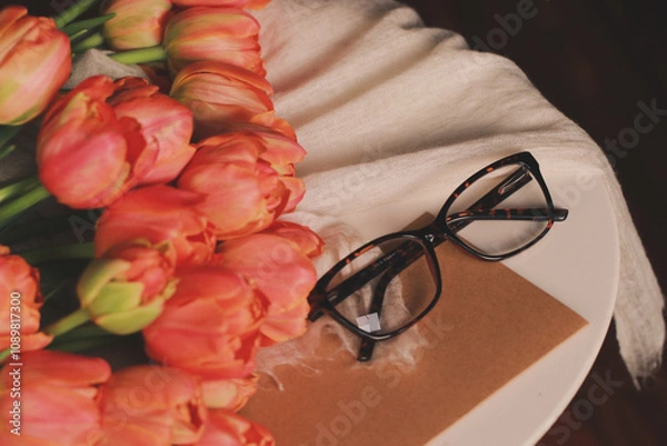 Obraz Ciemne okulary na stole z kwiatam i zaproszeniem. Romantyczna sceneria
