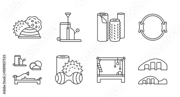 Obraz Pilates, icon set. Equipment for pilates exercises - mat, foam roller, ring, pilates chair, ball, trapeze table. Mind-body exercises and physical training. Linear illustration set, thin editable strok