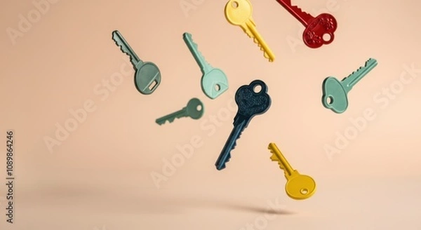 Fototapeta Colorful floating keys against a neutral background