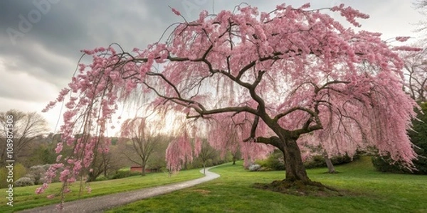Obraz Weeping Cherry Tree in Full Bloom Over Green Grass in Peaceful Spring Park