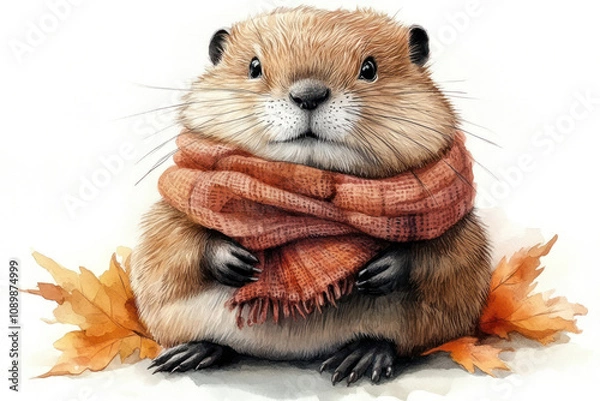 Fototapeta A funny beaver, done in a watercolor cartoon style. The beaver is wearing a cozy orange scarf and sitting on autumn leaves. 