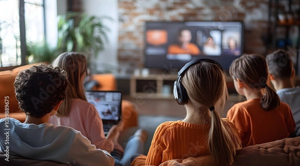Obraz A group of people relaxes at home, enjoying a movie or show on a large screen, with one individual using headphones for a more personal experience.