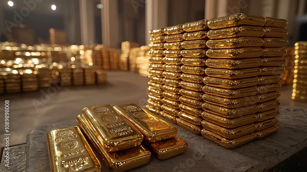 Fototapeta Polished gold bars stacked neatly, shining under warm light, evoking wealth and purity in an ultra-clean presentation, selective focus on foreground, copy space for text, ultra HD, 