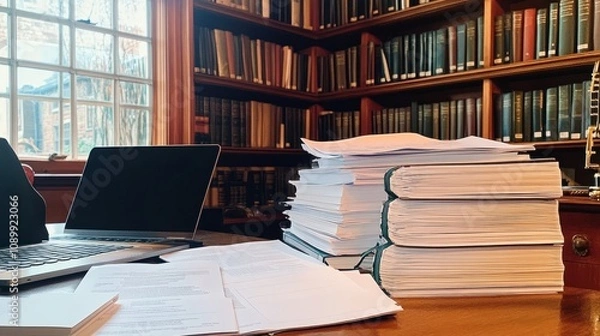 Fototapeta A stack of research papers, open notebooks, and a laptop on a wooden desk, with a bookshelf full of journals in the background