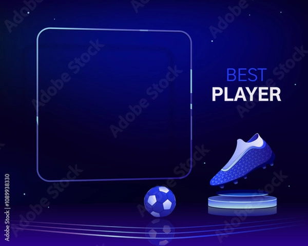 Fototapeta Best player award, trophy for the best player of the match. Soccer boot statuette, achievement award. High contrast background, vibrant color. Vector frame template. Banner, social media, blog post.