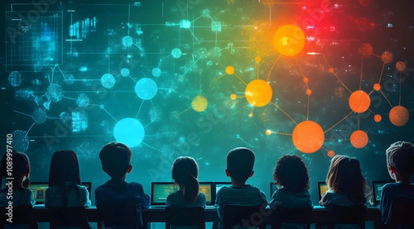 Fototapeta A group of children sit in front of a colorful digital display, engaging with technology and learning in a modern educational environment.