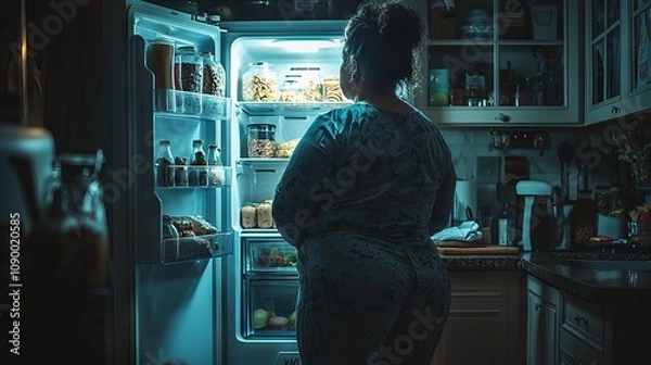 Obraz Woman gazing into open fridge at night in kitchen