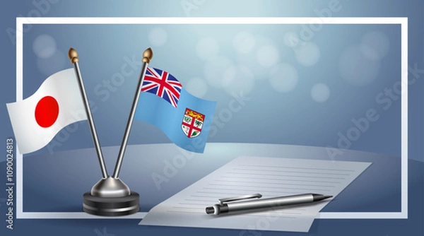 Fototapeta Japan and Fiji Small national flag on bokeh background, cooperative relationship