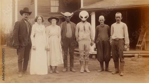 Obraz Alien family posing with humans in a vintage 1800s setting, surreal retro sci-fi theme