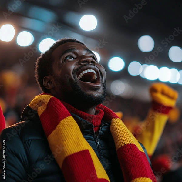 Fototapeta A vibrant image of a joyful African fan in a stadium, showing excitement and enthusiasm during a live sports event. The atmosphere is lively and filled with energy.