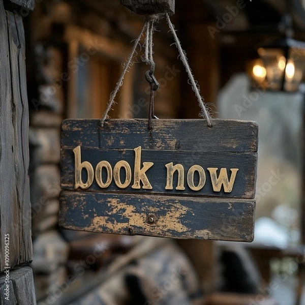 Fototapeta Book now sign hangs outside a cabin available for rent.
