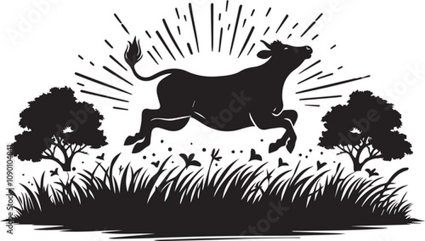 Fototapeta A joyful cow silhouette jumping in a meadow vector