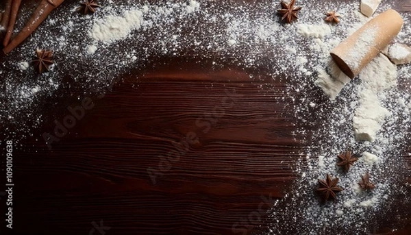 Fototapeta Background with flour dusted across dark wood, for a baking theme. generative ai