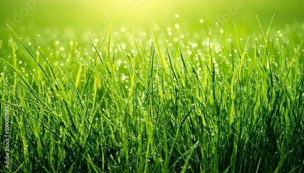 Fototapeta green grass covered in morning dew droplets. generative ai