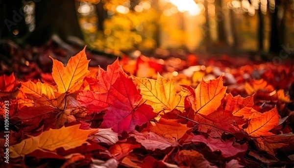 Fototapeta vibrant autumn leaves on a forest floor, in warm tones of red and orange. generative ai