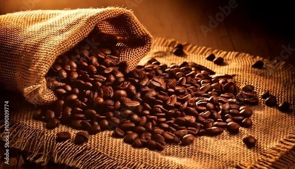 Fototapeta Coffee beans scattered on a burlap sack, with soft lighting. generative ai