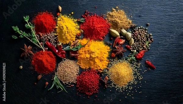 Fototapeta Colorful spices and herbs scattered on dark slate, in a flat lay. generative ai