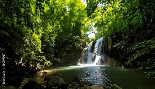 Fototapeta Describe a hidden waterfall in a lush jungle, with sparkling water and vibrant greenery. generative ai