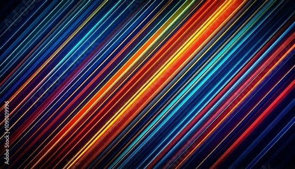 Fototapeta Diagonal stripes in neon colors on a dark background. generative ai