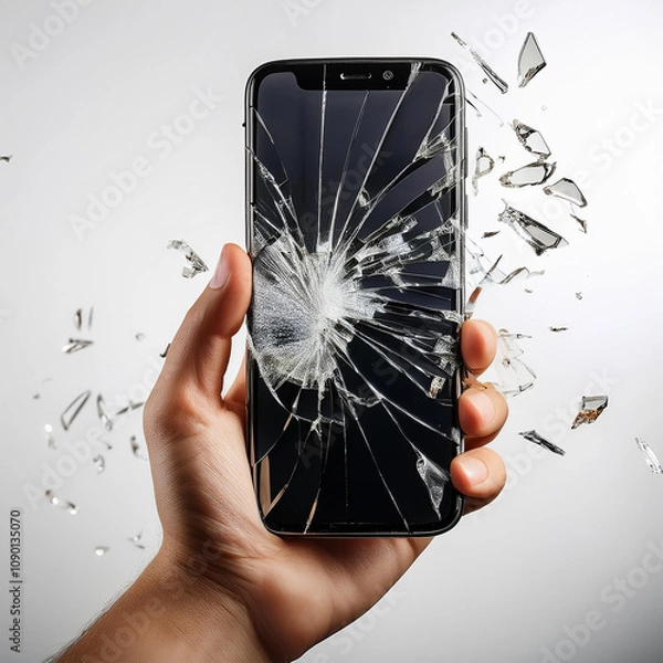 Obraz 手に持てるスマートフォンの画面が割れてガラスが飛び散ってる瞬間のスローモーション