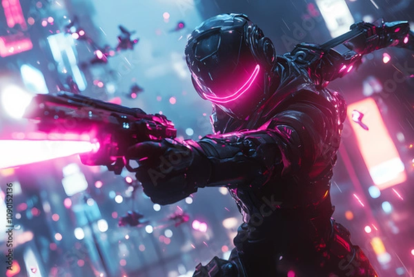 Fototapeta Cybernetic Warrior Fighting Robotic Enemies - Gaming Wallpaper
