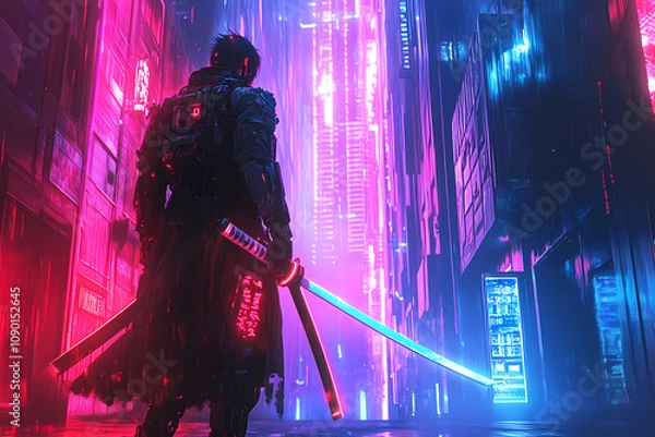 Fototapeta Cyber Samurai with Glowing Katana in Neon Alley - Gaming Wallpaper