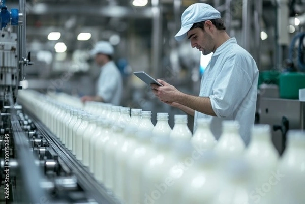Fototapeta Dairy Factory Worker Inspecting Milk Bottles on Conveyor Belt Using Tablet