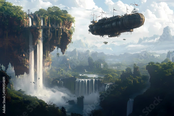 Fototapeta Fantasy Airship Over Floating Islands