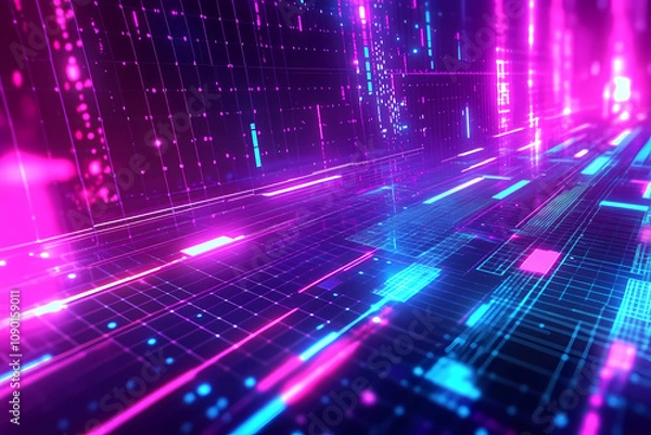 Fototapeta Retro Techno Pixelated Glitch Background with Neon Grid