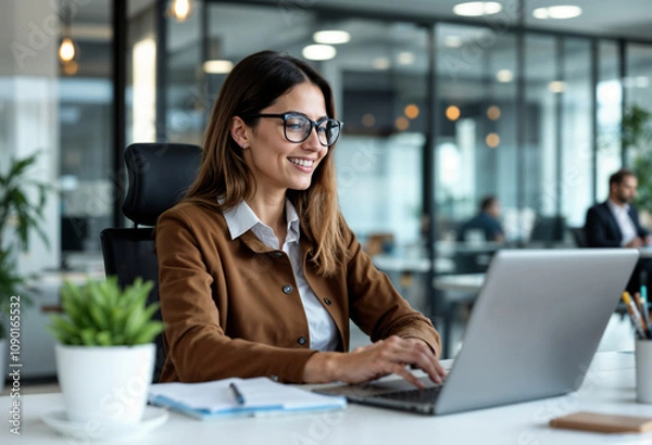 Fototapeta Professional Woman Smiling While Working on Laptop in Modern Office