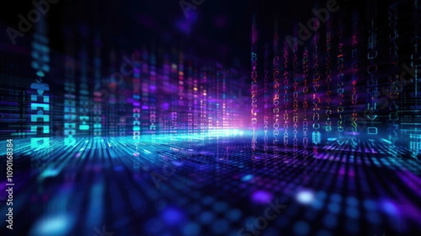 Obraz The matrix effect style abstract background. Illustrative image of blue digital binary data on computer screen.