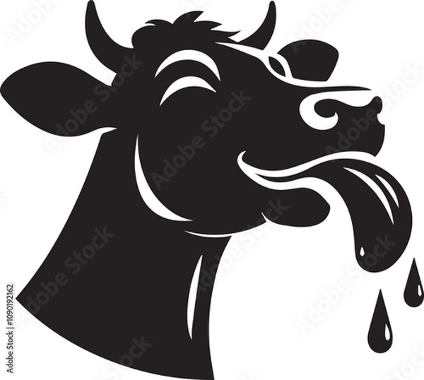 Fototapeta A silhouette of a cow with its tongue out happily licking