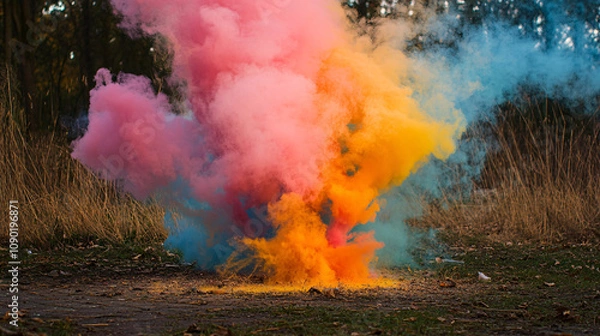 Fototapeta colorful smoke bomb explosion in forest setting - orange pink and blue smoke with autumn grass landscape background