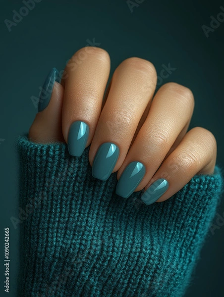 Fototapeta Elegant hand with teal nail polish, showcasing cozy sweater. vibrant color contrasts beautifully with soft texture, creating warm and inviting atmosphere