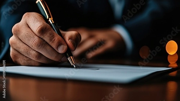 Fototapeta A hand holding a pen writes on a sheet of paper, focusing on the act of signing or drafting, likely in a business or formal environment.